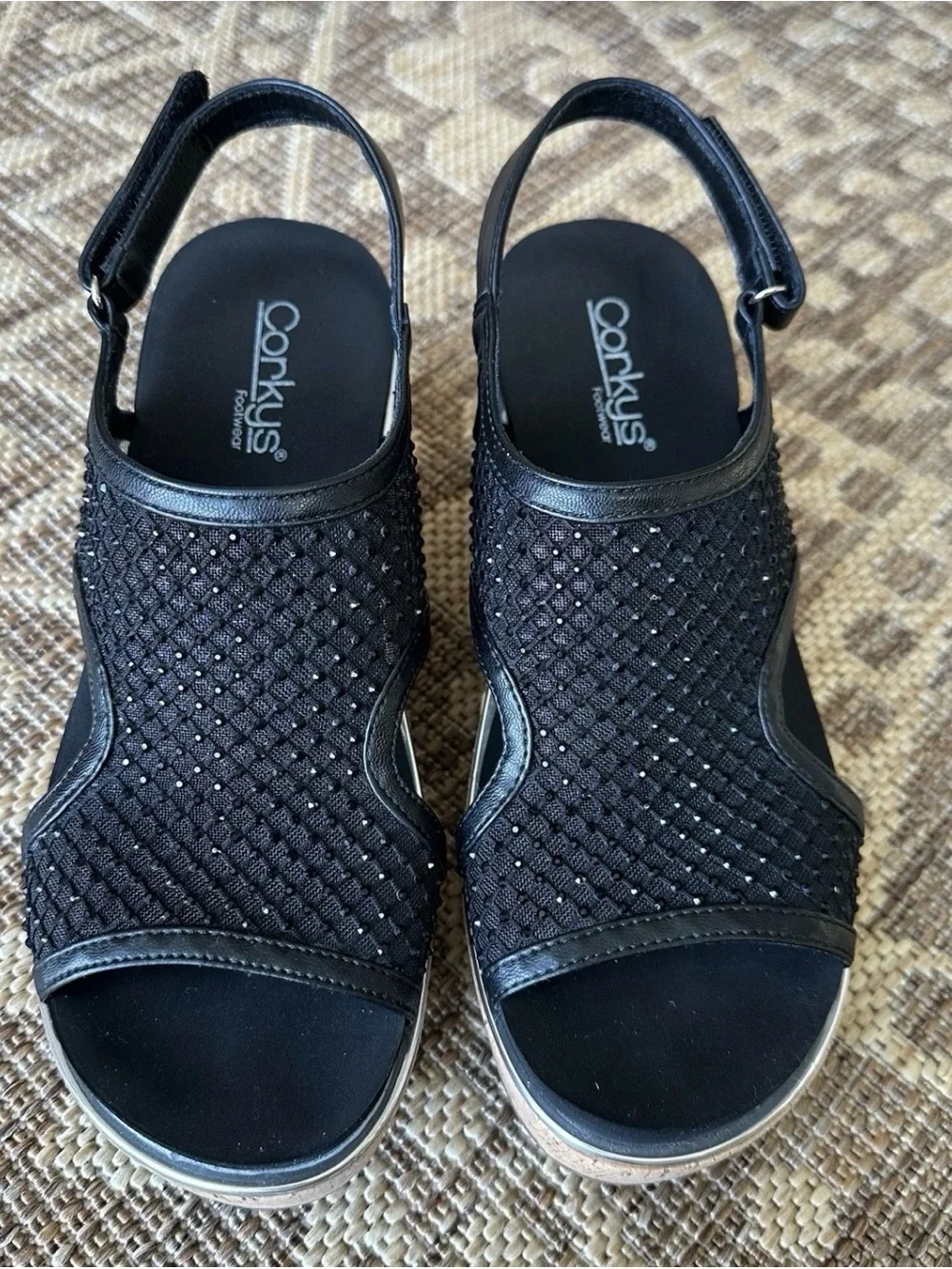 CORKYS Carley Black Sparkle Mesh Wedge Platform Sandals Sz 9 Hard to Find